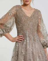 Beige Embellished Plunge Neck Puff Sleeve A Line Gown